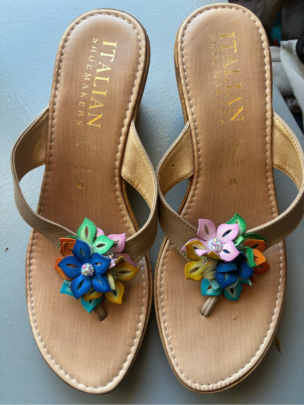 Italian Shoemakers Tan Sandals with Colorful Floral Embellishments